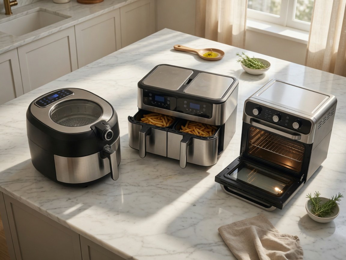Collection of the largest air fryers in 2026 arranged on a modern kitchen counter