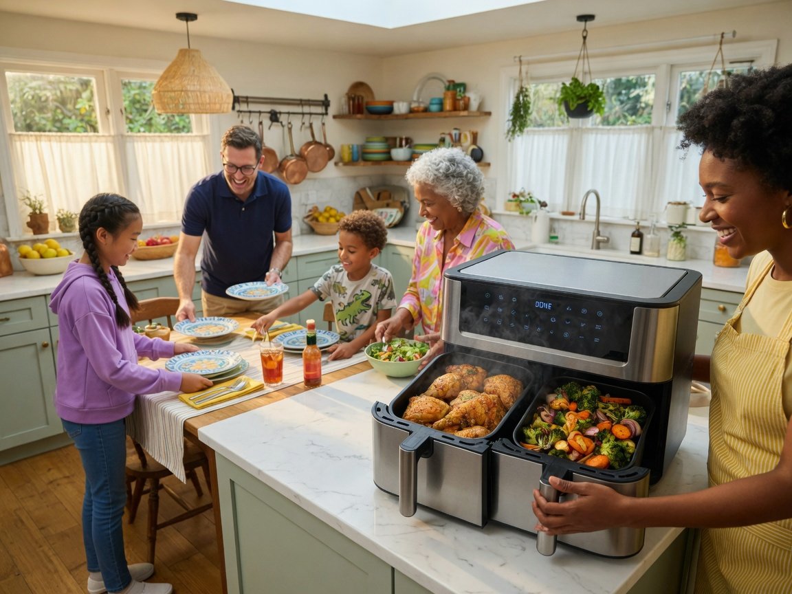 Family of five using a large air fryer to cook a full dinner in one batch