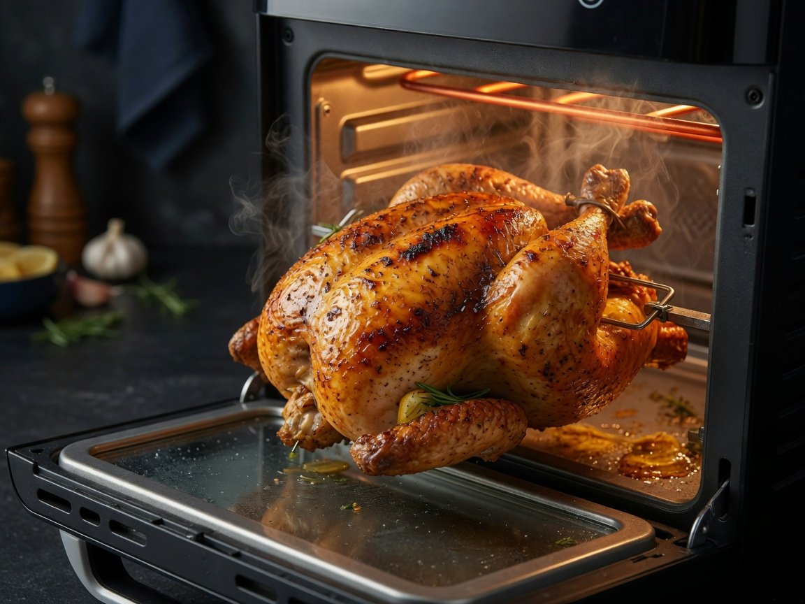 Whole golden rotisserie chicken cooking inside a large air fryer with crispy skin
