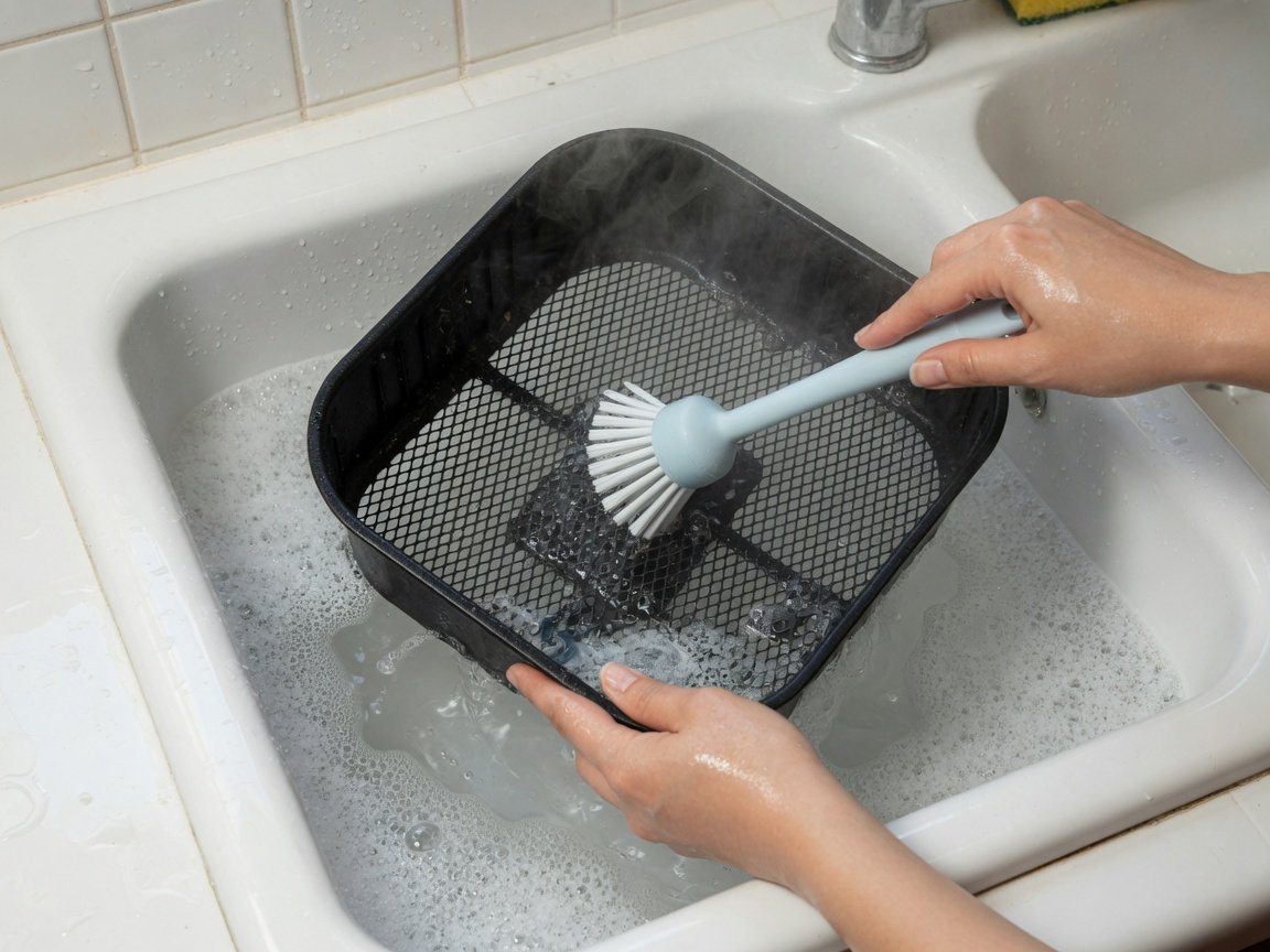 Hands scrubbing air fryer basket with soft brush in soapy water during a deep cleaning session