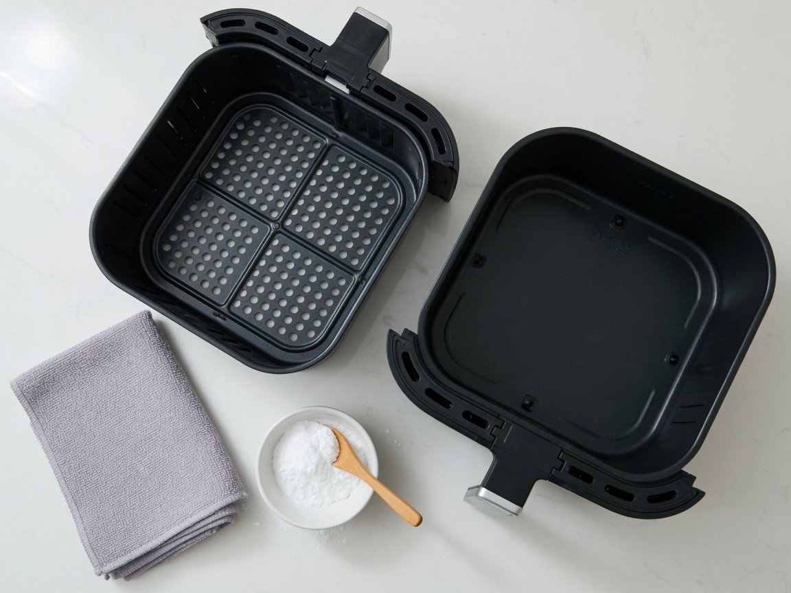 Clean air fryer basket and drawer laid out on kitchen counter after a complete deep clean, fully dry and reassembled