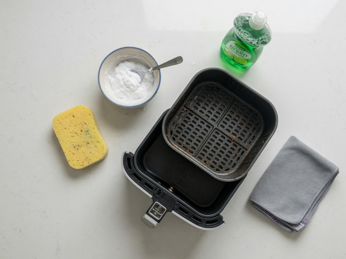 Flat-lay of air fryer cleaning supplies including basket, sponge, baking soda, and dish soap on a white counter