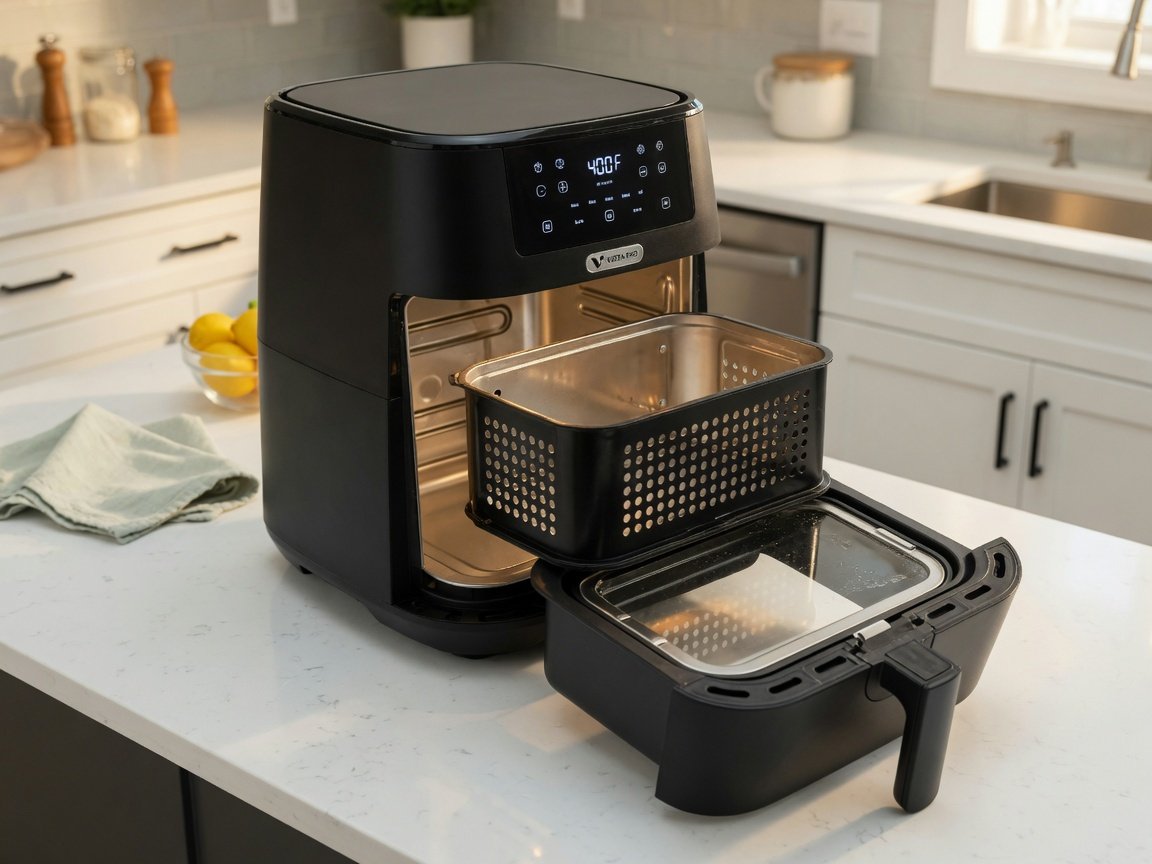 Spotlessly clean air fryer basket and interior after thorough cleaning showing gleaming non-stick surface