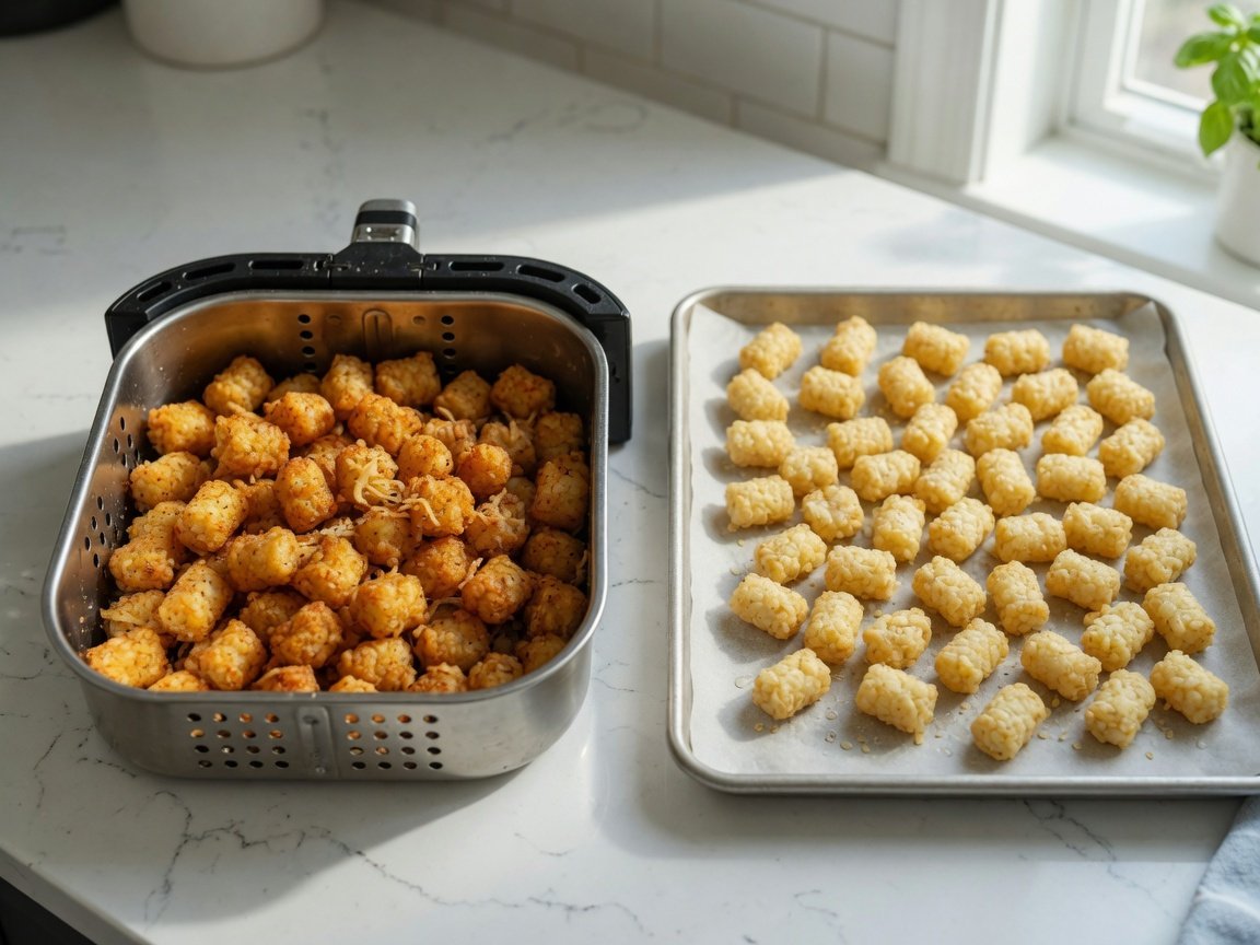 Side-by-side comparison of air fryer tater tots and oven-baked tater tots on a kitchen counter.