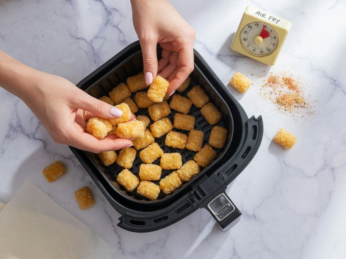 Hands arranging frozen tater tots in a single layer inside an open air fryer basket.