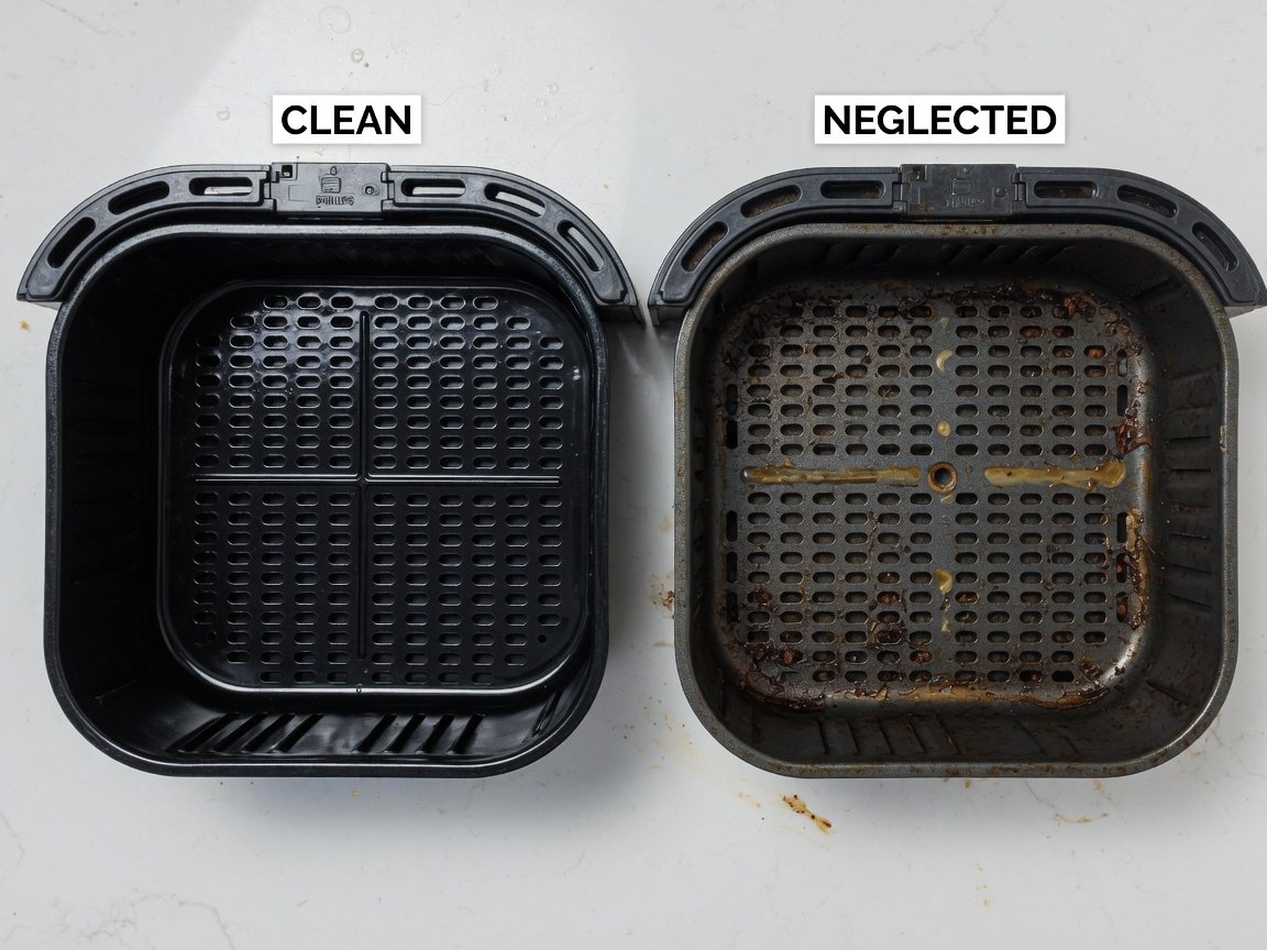 Side-by-side comparison of a clean air fryer basket versus a greasy neglected basket showing grease buildup