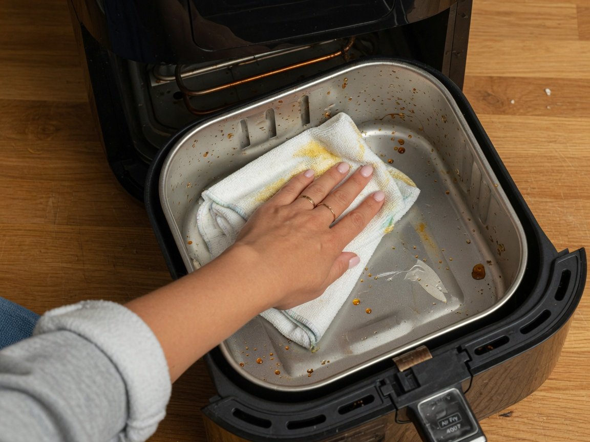 Cleaning the inside of an air fryer with a damp microfiber cloth to remove grease splatter from interior walls