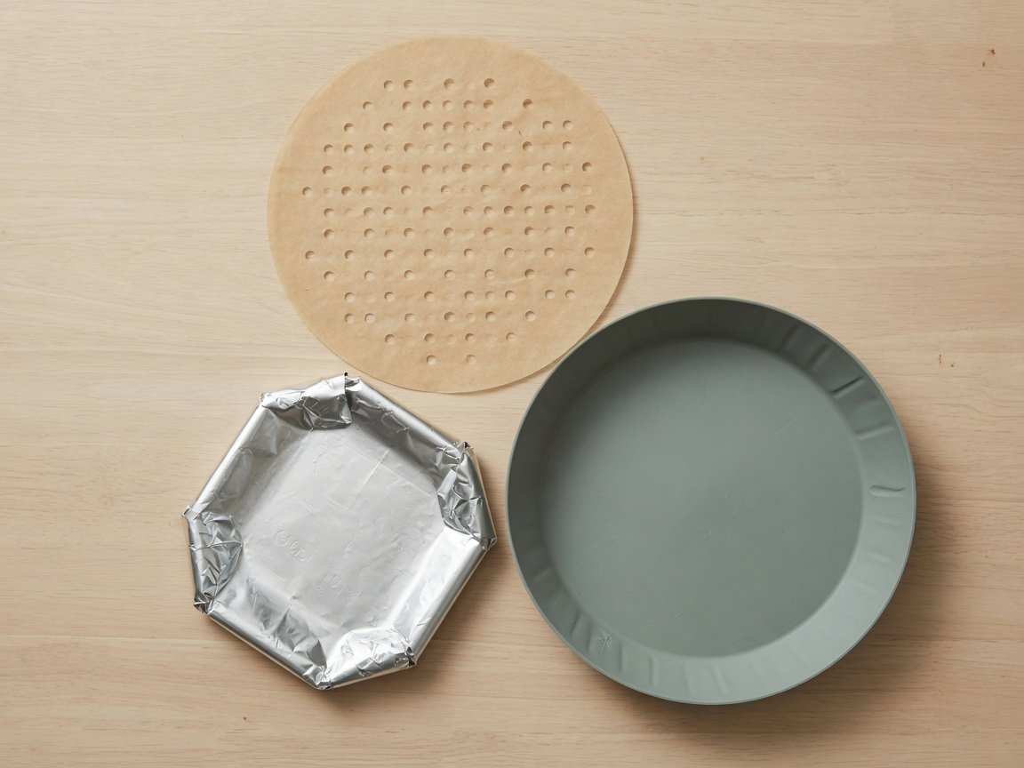 Three types of air fryer liners — parchment, silicone, and foil — laid out on a wood kitchen surface