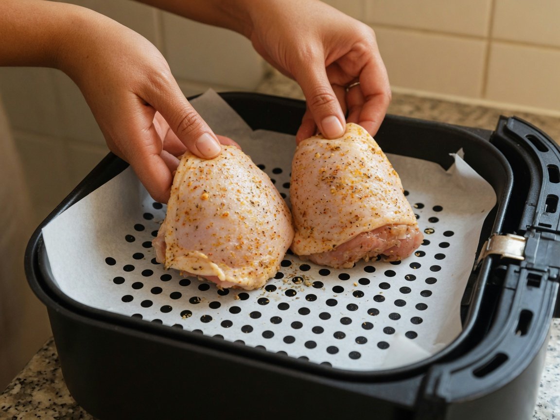 Placing seasoned chicken pieces onto a perforated parchment liner inside an open black air fryer basket