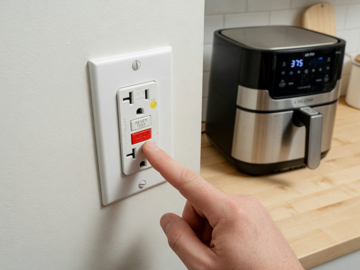 Hand pressing reset button on GFCI wall outlet near kitchen counter with air fryer visible in background