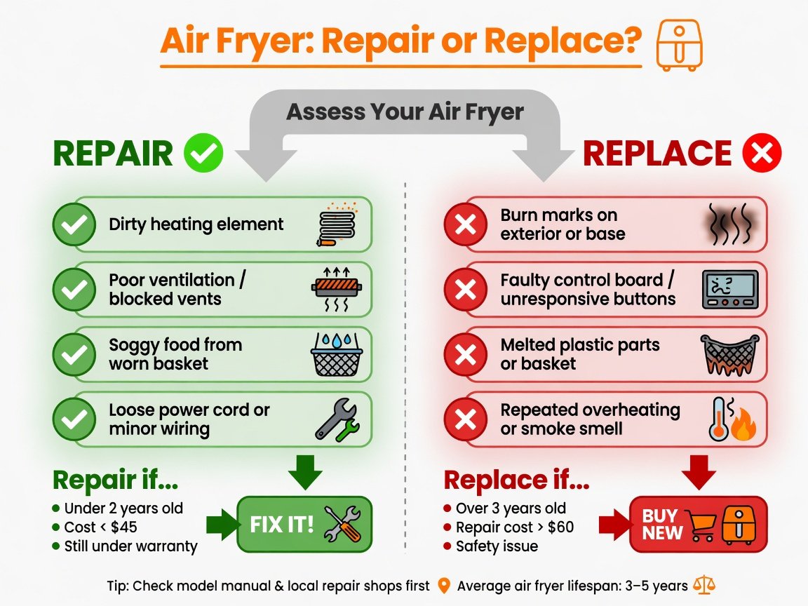 Flat design infographic showing air fryer repair vs replace decision chart with icons for common faults