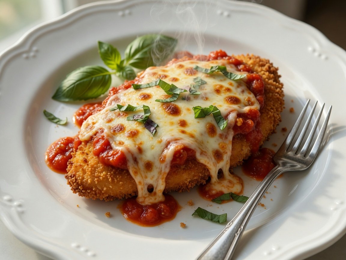Crispy golden air fryer chicken parmesan with melted mozzarella and basil on a white plate