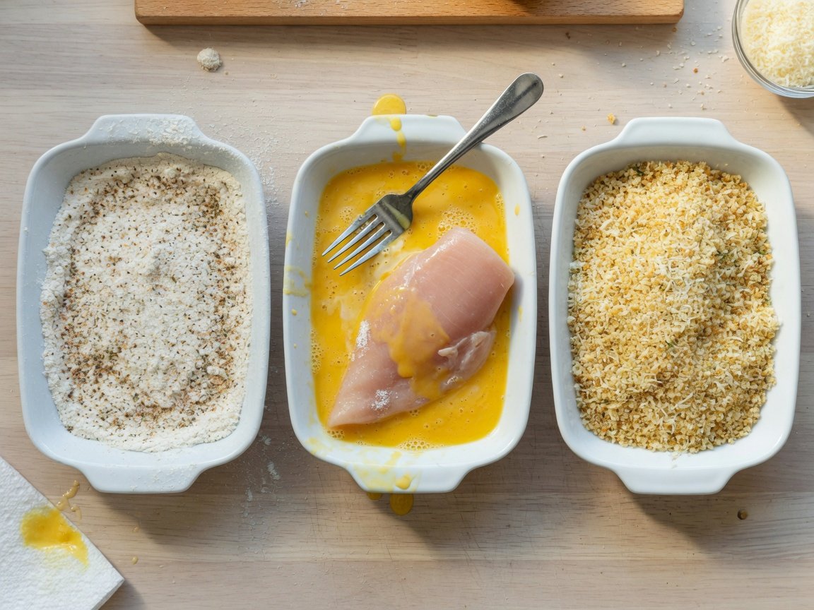 Three-dish breading station for air fryer chicken parmesan showing flour, egg, and panko setup