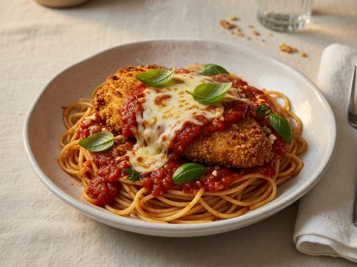 Plated air fryer chicken parmesan served over spaghetti marinara with fresh basil garnish