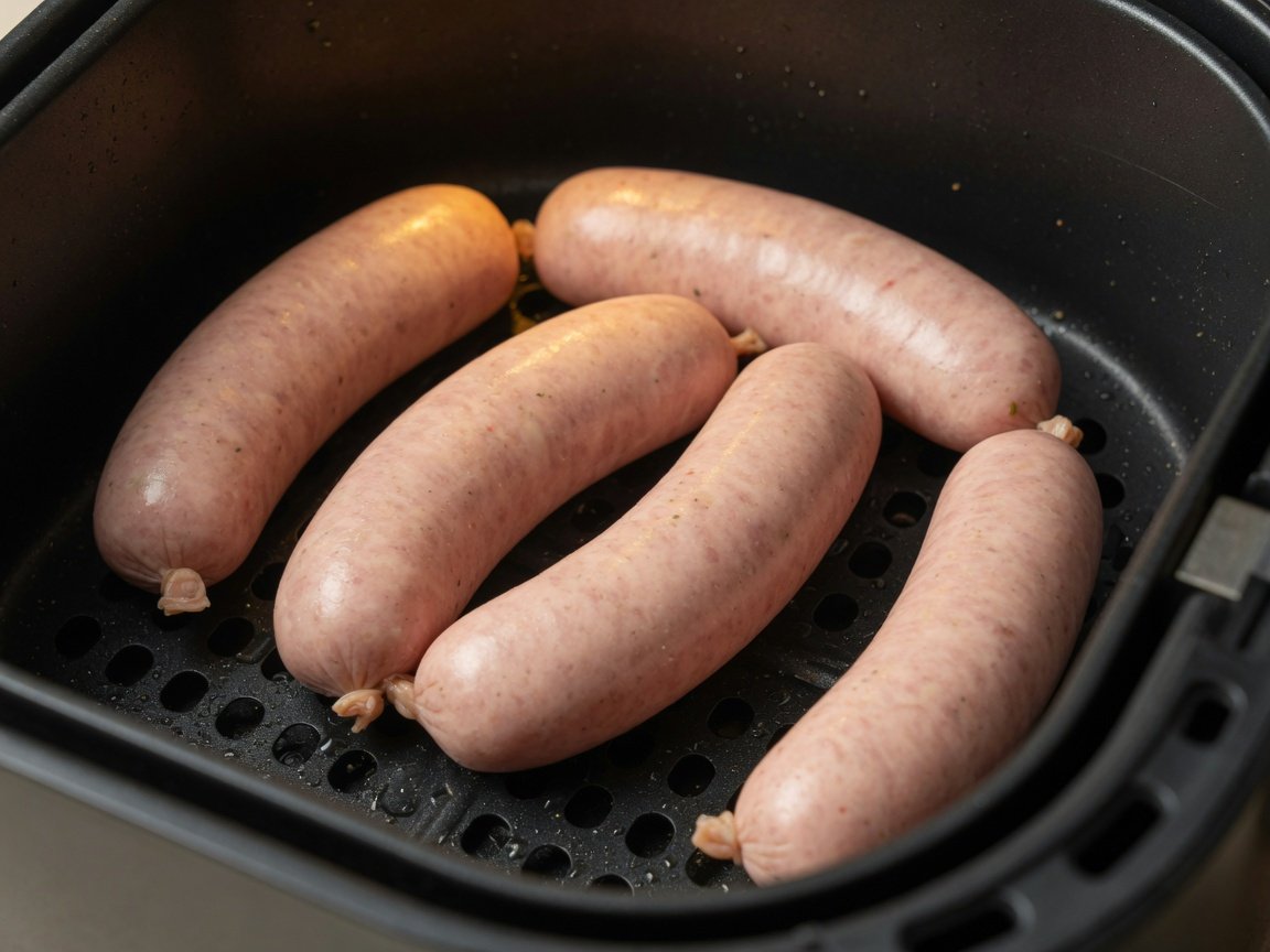 Four raw Italian sausage links arranged in a single layer inside a black air fryer basket, ready to cook at 375°F