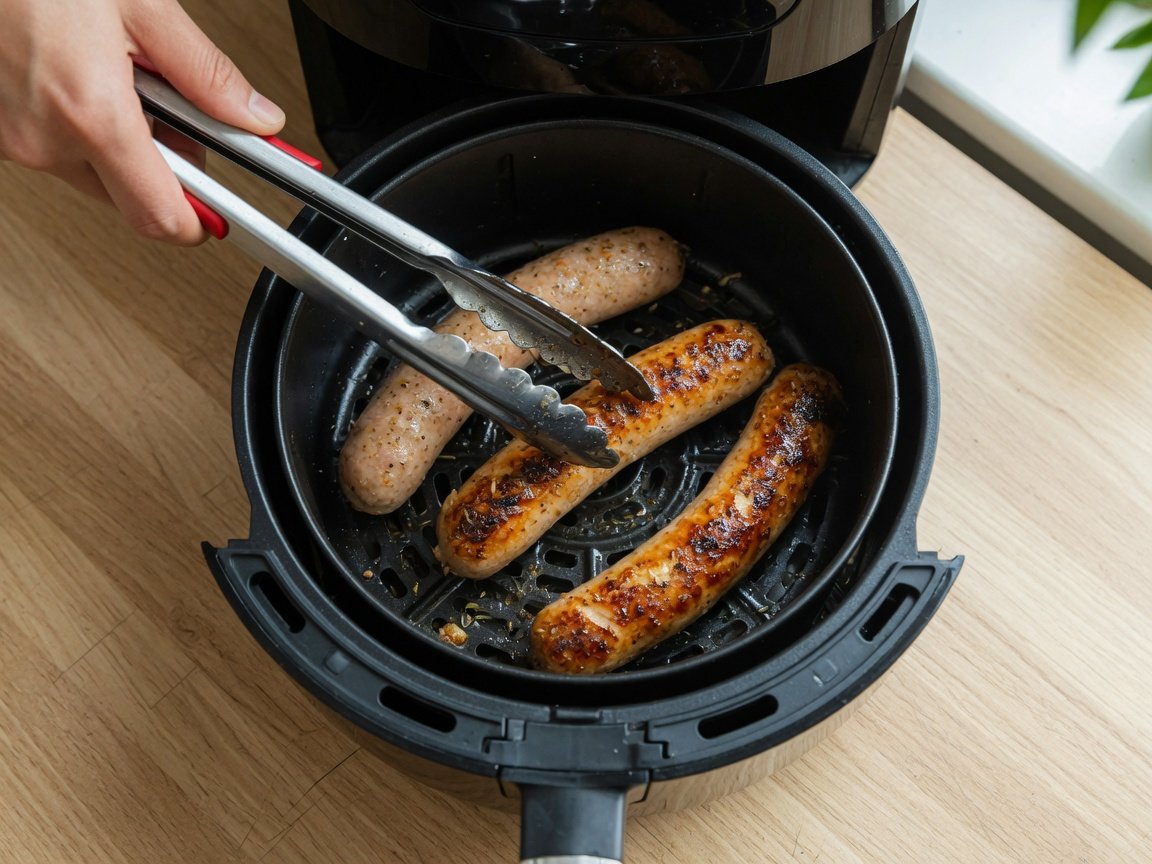 Hands using stainless steel tongs to flip golden-brown Italian sausage links in an open air fryer basket halfway through cooking