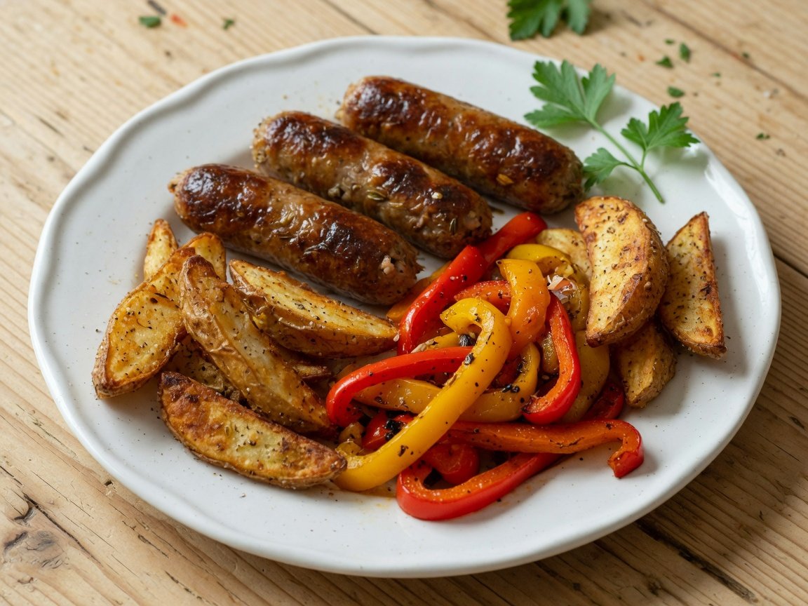 White ceramic plate with three golden air-fried Italian sausage links served alongside roasted peppers and crispy potato wedges