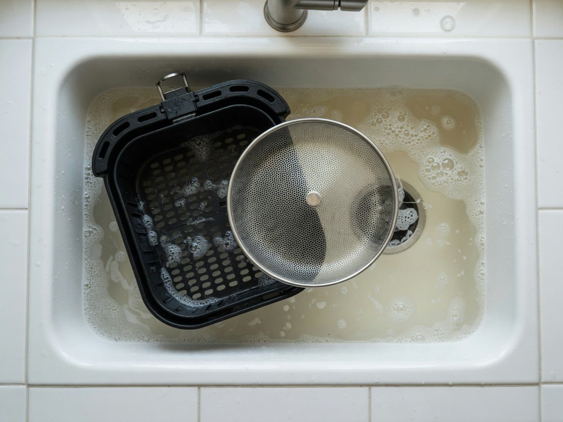 Ninja air fryer basket and mesh crisper plate submerged in a kitchen sink of warm soapy water, overhead view