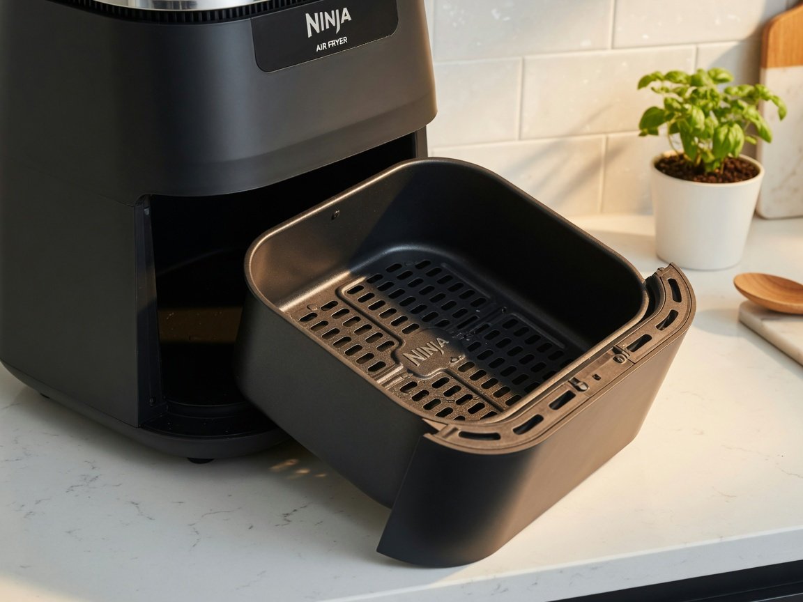 A clean Ninja air fryer sitting on a kitchen countertop with the drawer open showing a spotless non-stick basket inside