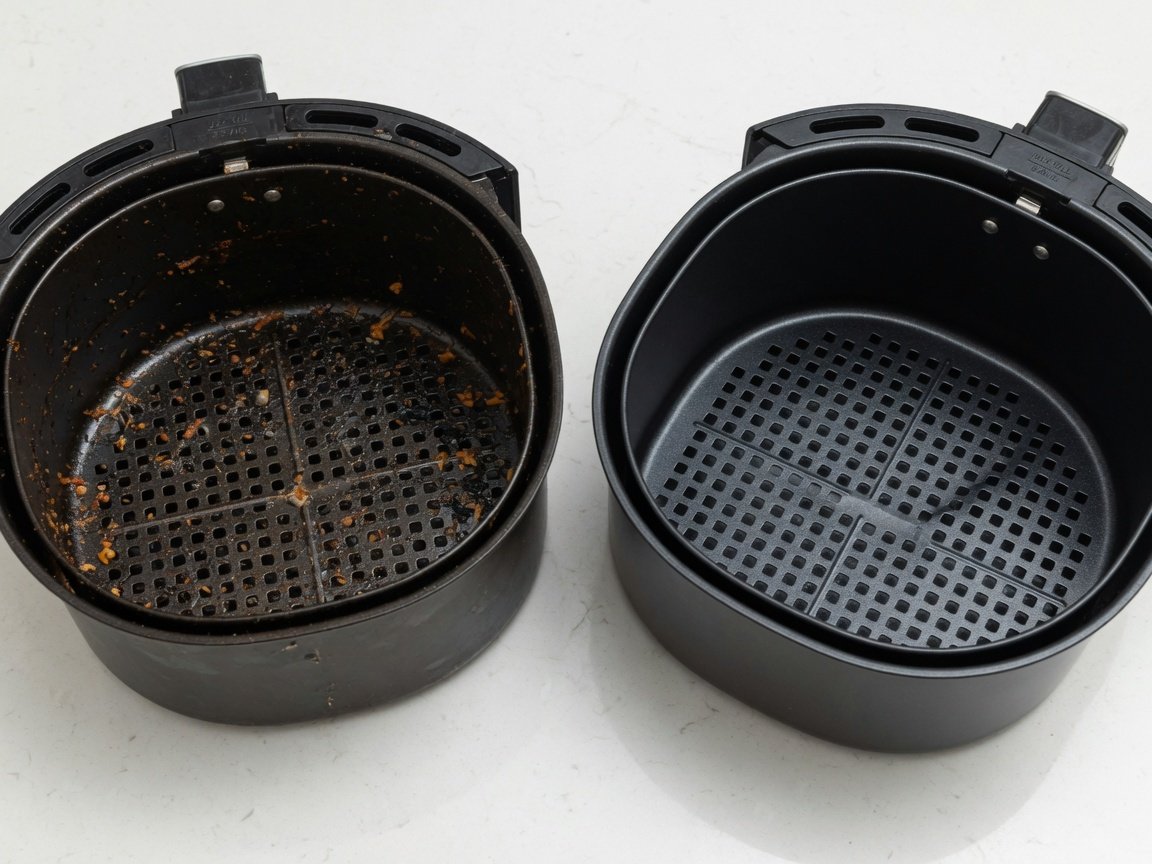 Side-by-side comparison of a dirty air fryer basket with grease buildup next to a clean freshly washed basket
