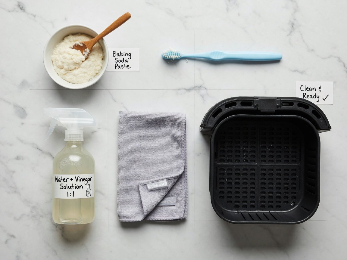 Step-by-step air fryer deep cleaning process showing baking soda paste, soft brush, and vinegar solution on white surface