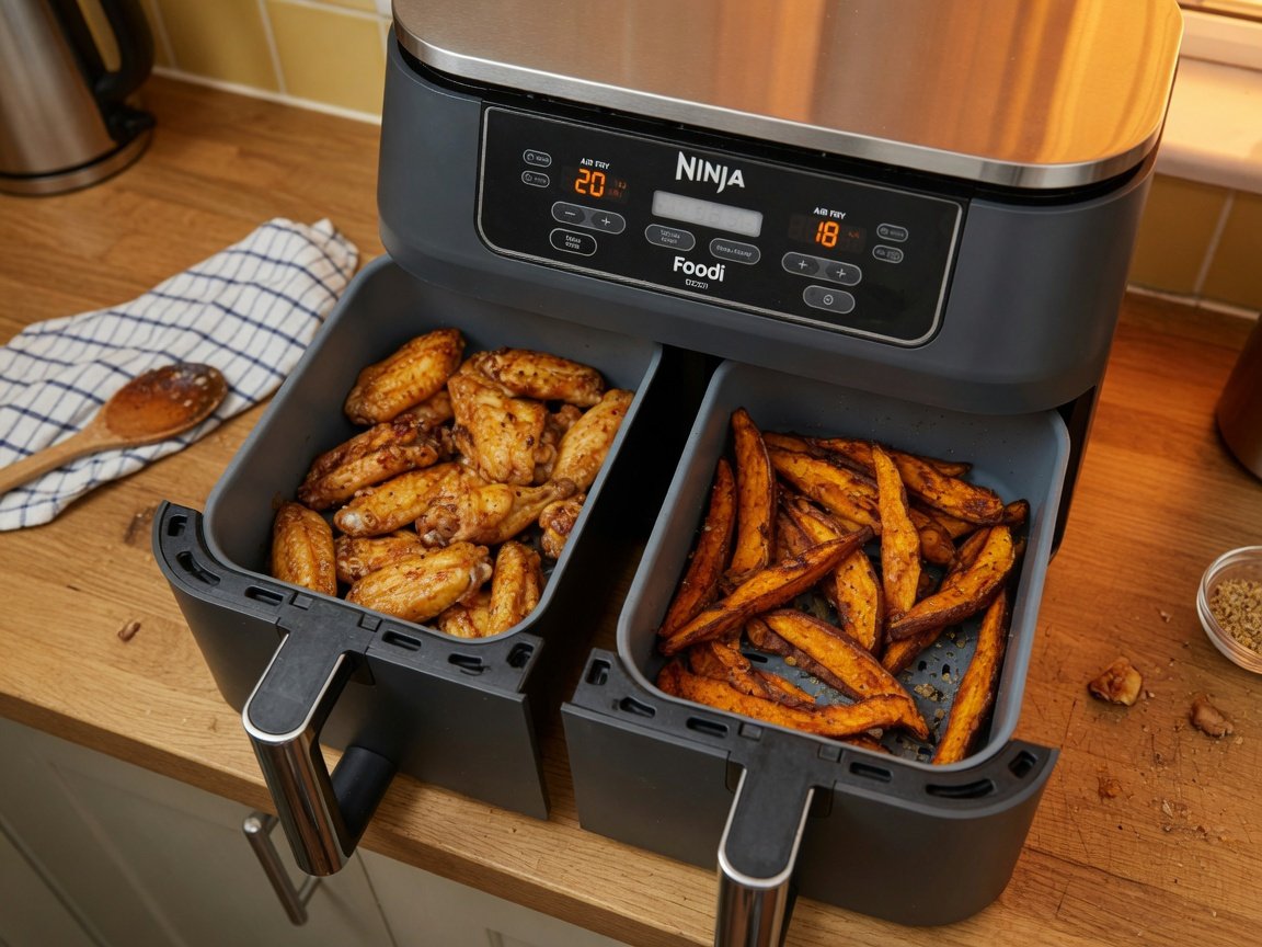 Ninja DZ201 Foodi dual basket air fryer on a wooden kitchen countertop with both grey baskets pulled open, showing