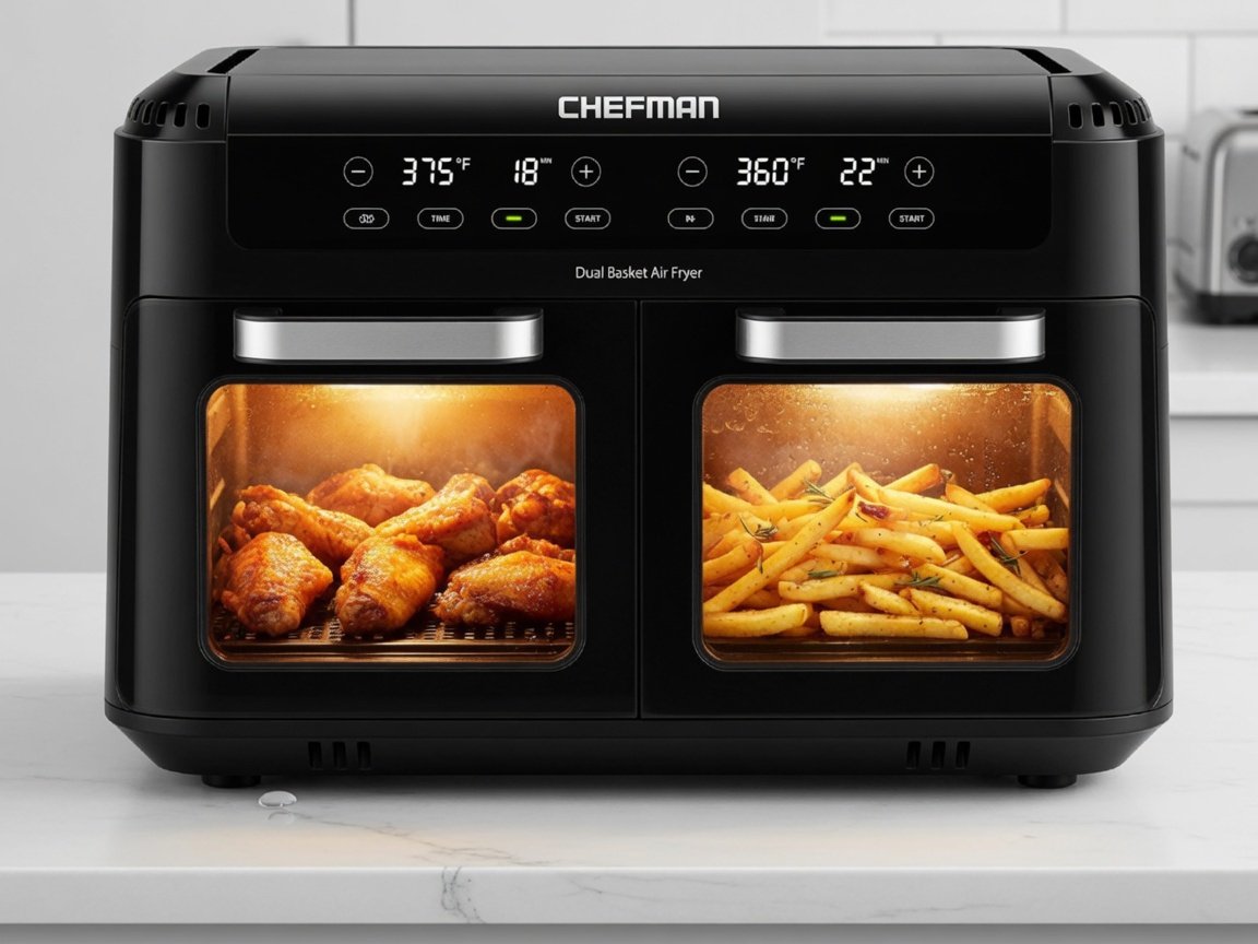 CHEFMAN dual basket air fryer in black with transparent easy-view windows lit from inside showing food browning, placed