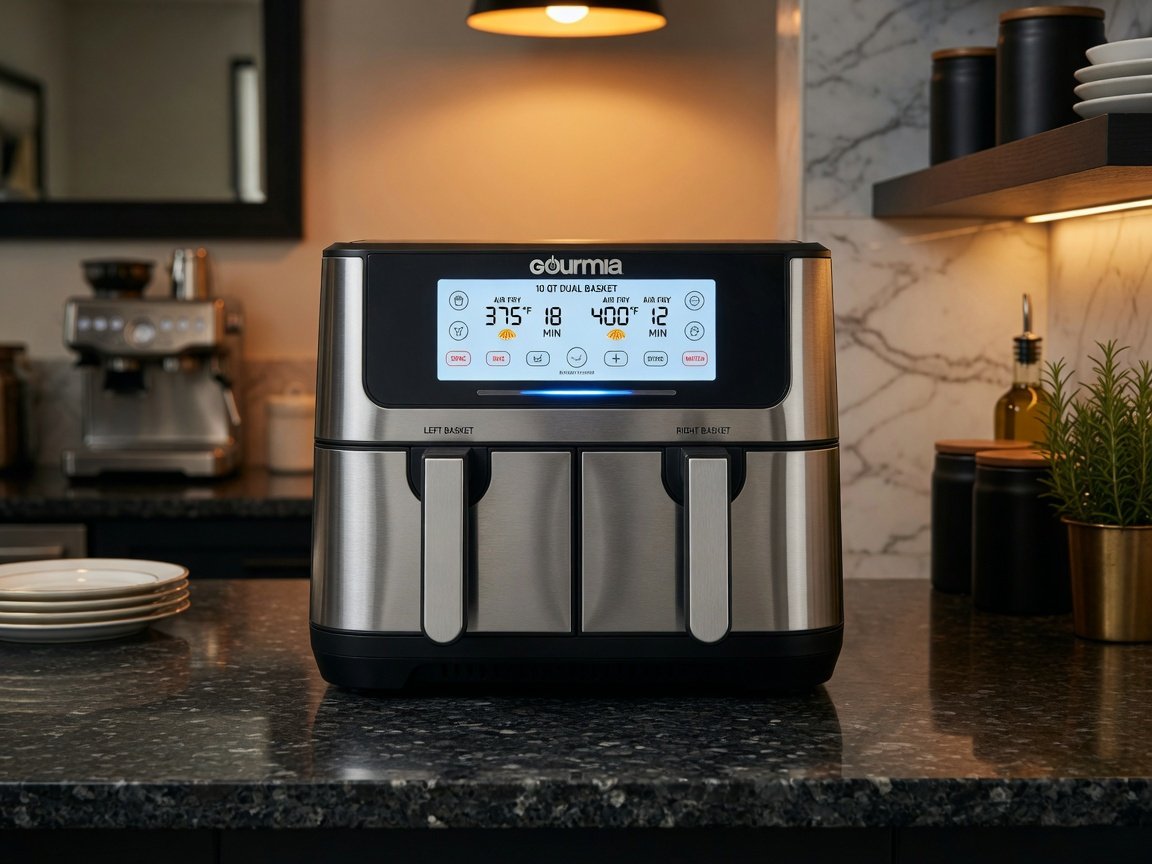 Gourmia 10-quart dual basket stainless steel air fryer on a dark granite countertop, both baskets closed, digital