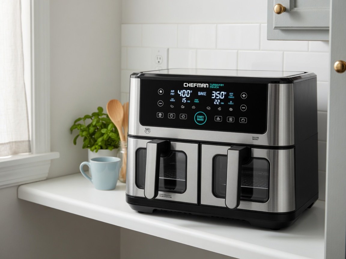 Chefman TurboFry Touch Dual air fryer in a compact apartment kitchen, front-facing showing the clean digital control