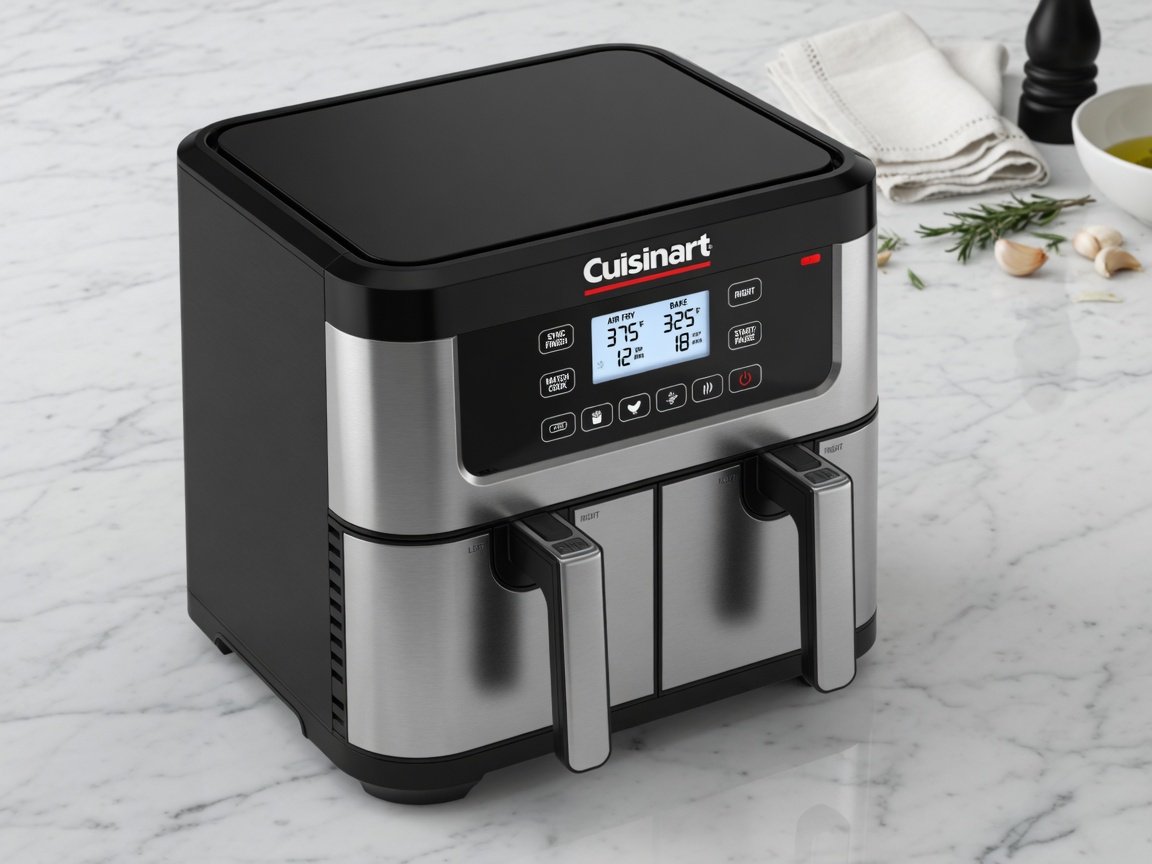 Cuisinart ADZ-112 dual basket air fryer on a white marble kitchen surface, sleek design visible with the Cuisinart logo