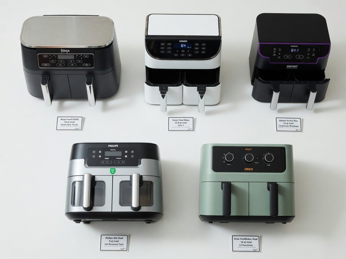 Overhead flat-lay comparison of five dual basket air fryers arranged neatly on a white surface with small label cards