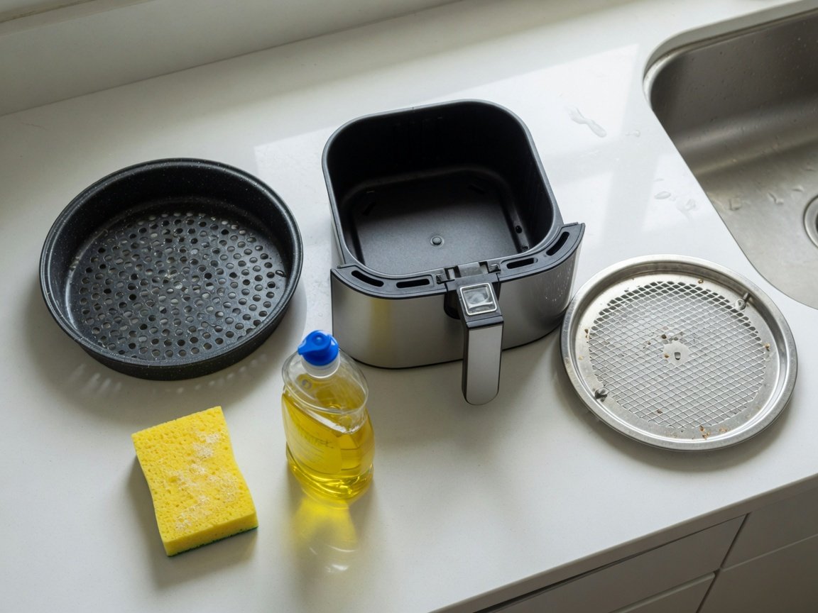 Disassembled air fryer basket, drawer, and crisper plate laid out beside a sink ready for hand washing