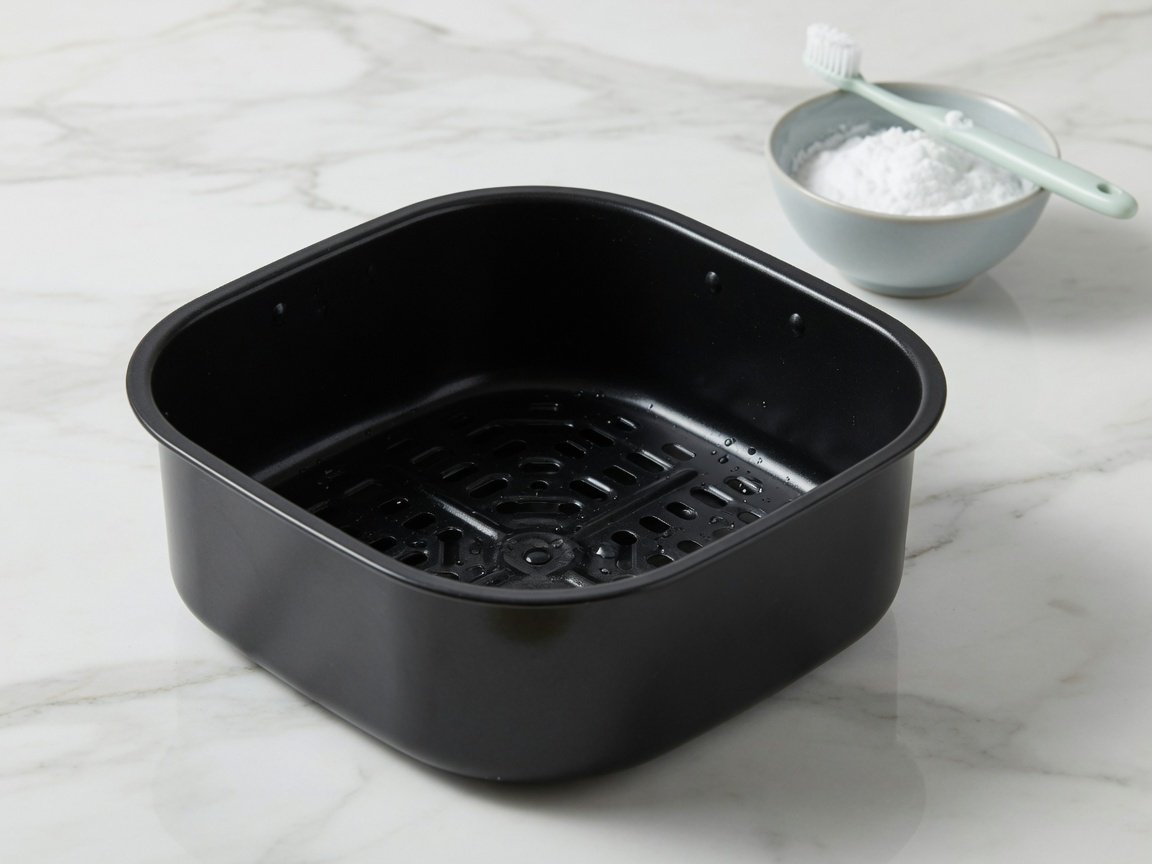Sparkling clean air fryer basket on a kitchen counter after the baking soda paste cleaning hack