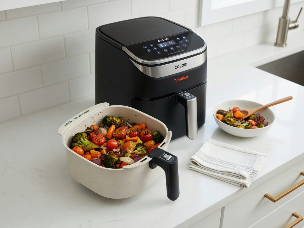 Cosori TurboBlaze air fryer on a white kitchen counter with the PFAS-free ceramic basket pulled halfway out showing