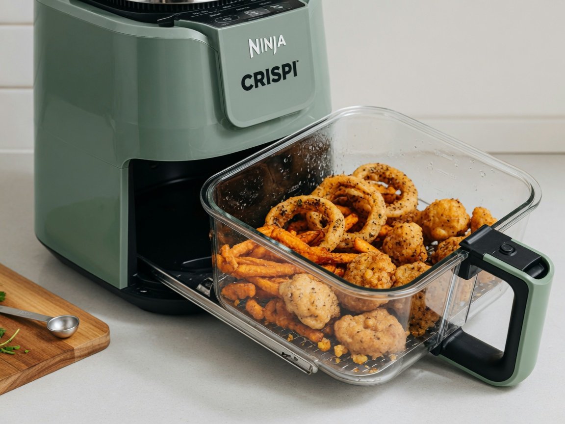 Ninja Crispi air fryer in sage green with the transparent borosilicate glass basket pulled out, showing golden-brown