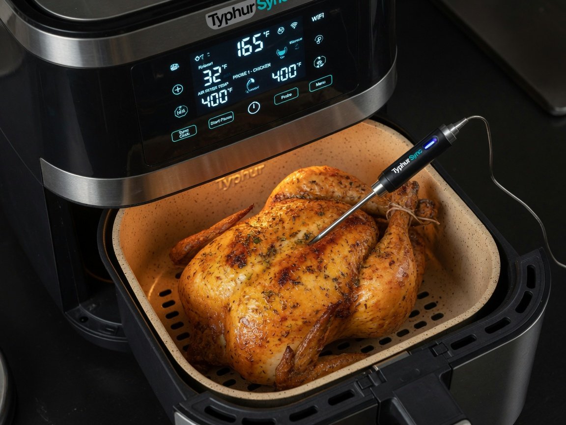 Typhur Sync air fryer with its digital display illuminated, wireless meat thermometer probe inserted into a whole