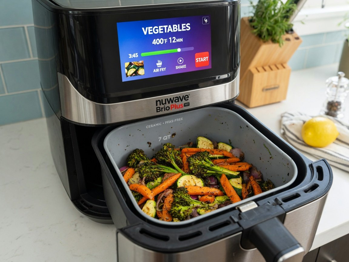 Nuwave Brio Plus 7QT air fryer with its touchscreen lit up showing a cooking preset, PFAS-free ceramic basket open