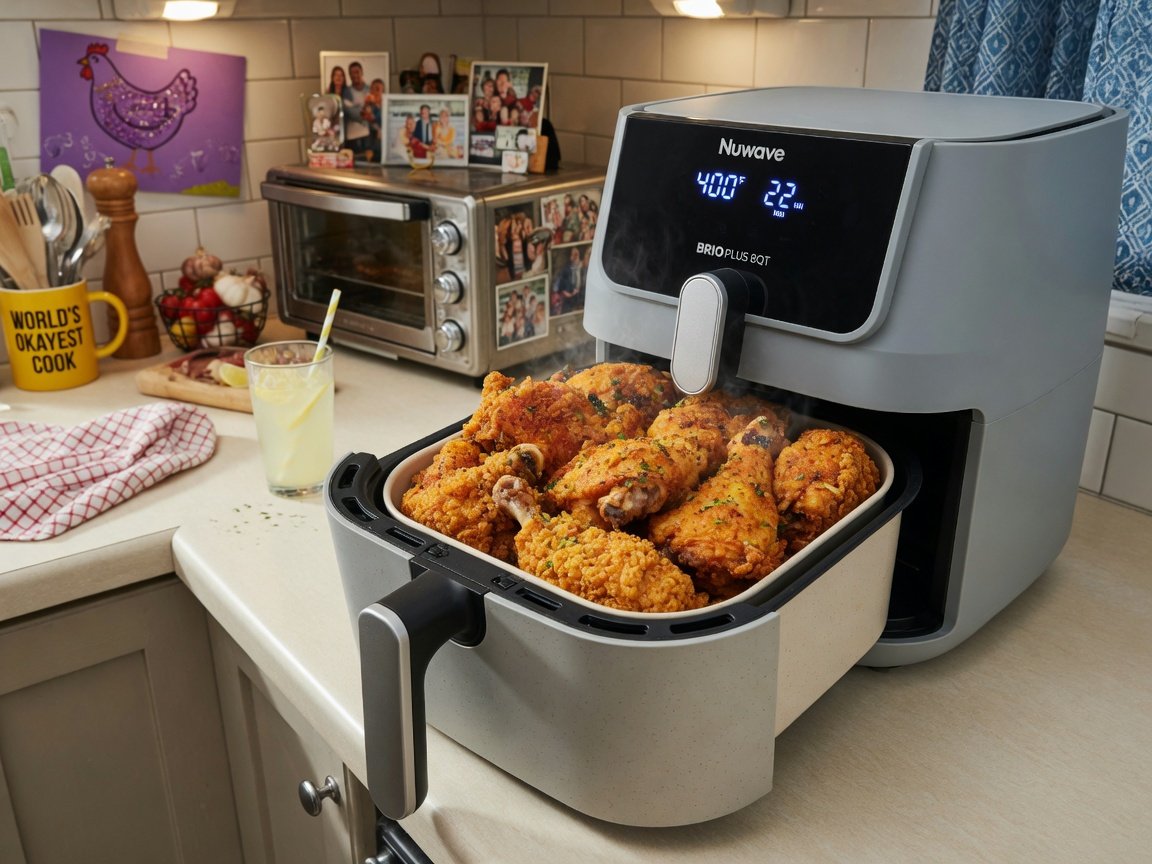 Nuwave Brio Plus 8QT Cool Gray air fryer on a family kitchen counter with a large batch of crispy chicken pieces