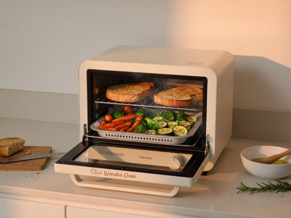 Our Place Wonder Oven on a minimalist kitchen counter with both wire racks in use, toasting bread on one level and air