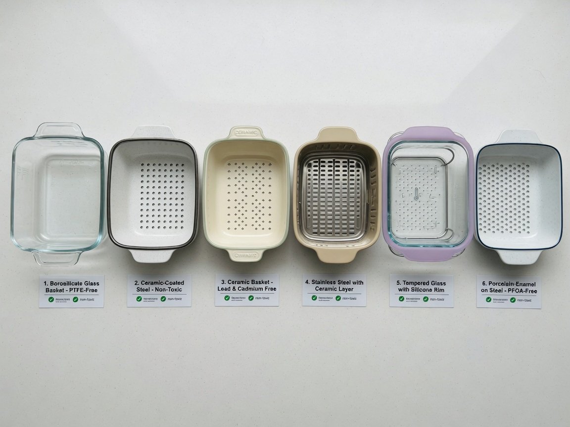 Overhead shot of six air fryer baskets side by side on a clean white surface, ranging from glass to ceramic, with