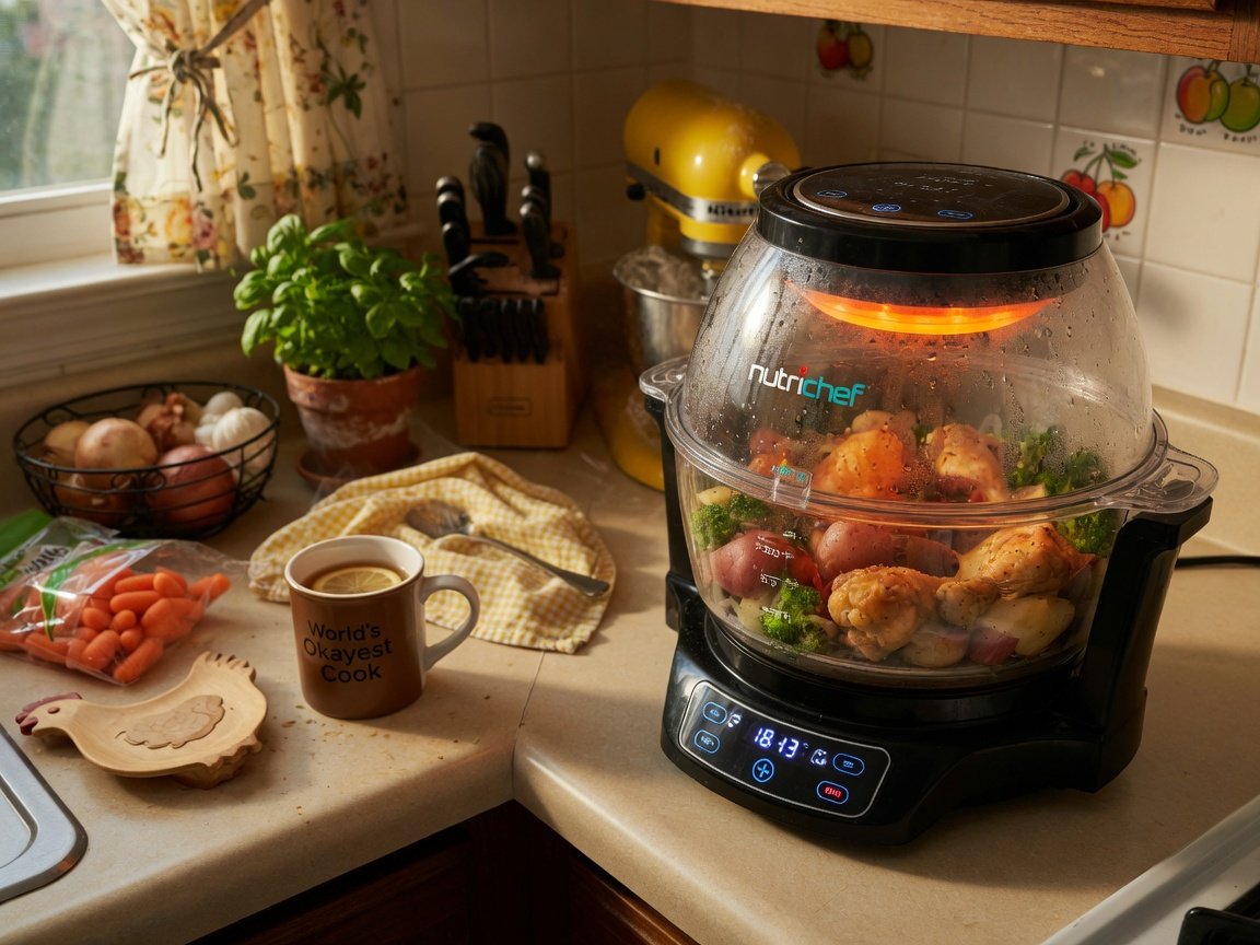 Nutrichef transparent bowl air fryer on a home kitchen counter, food visibly cooking through the clear fry bowl, casual