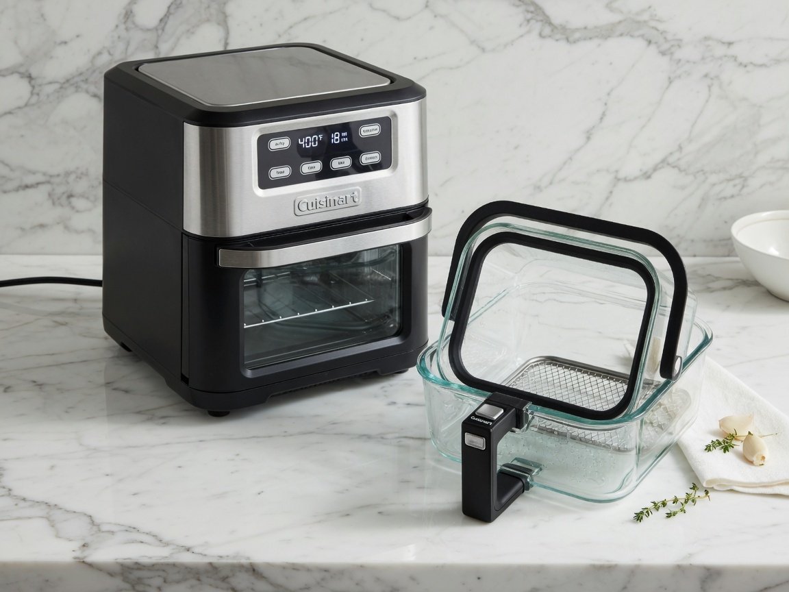 Cuisinart glass basket air fryer on a marble kitchen countertop, glass basket shown separately beside the unit, clean