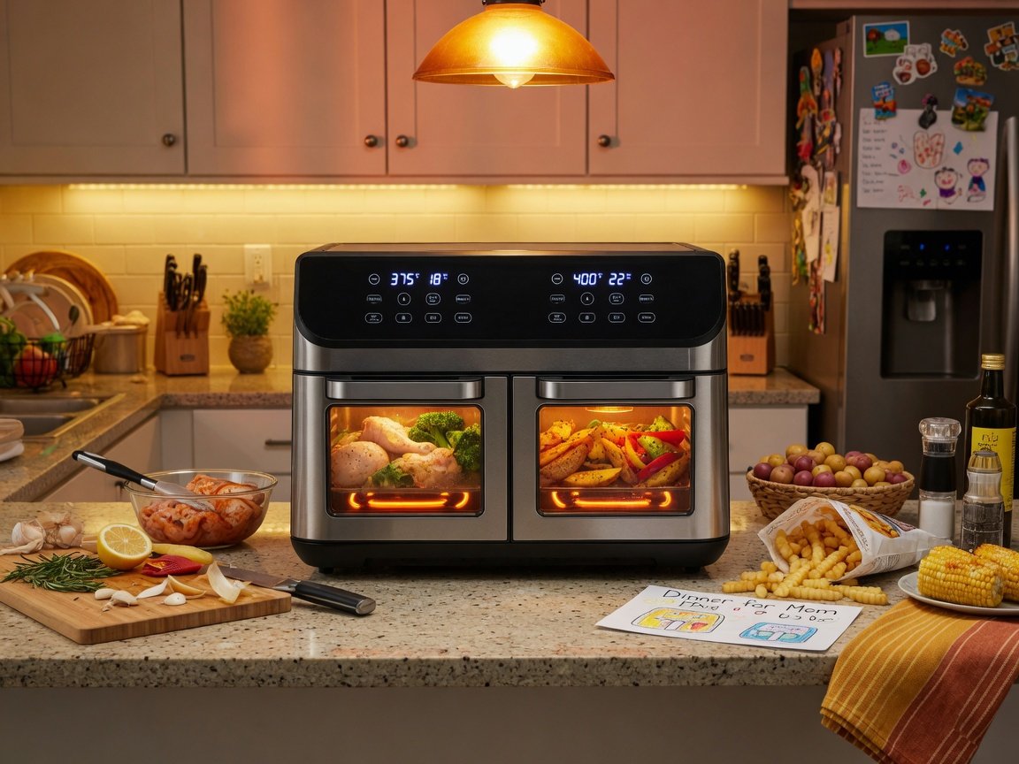 Large vertical dual basket air fryer on a kitchen counter, both basket compartments visible through the viewing