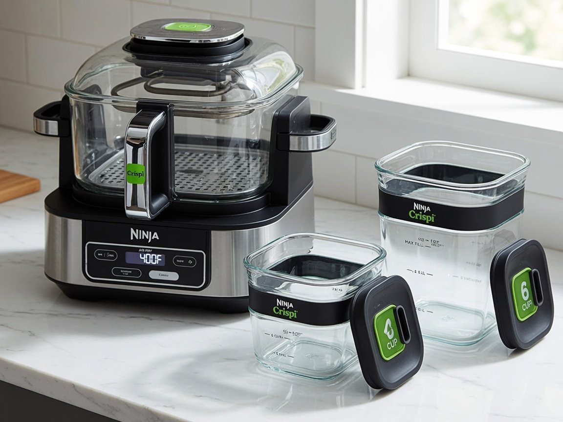 Ninja Crispi glass air fryer with both glass containers arranged beside the unit — the larger 4-quart and smaller 6-cup