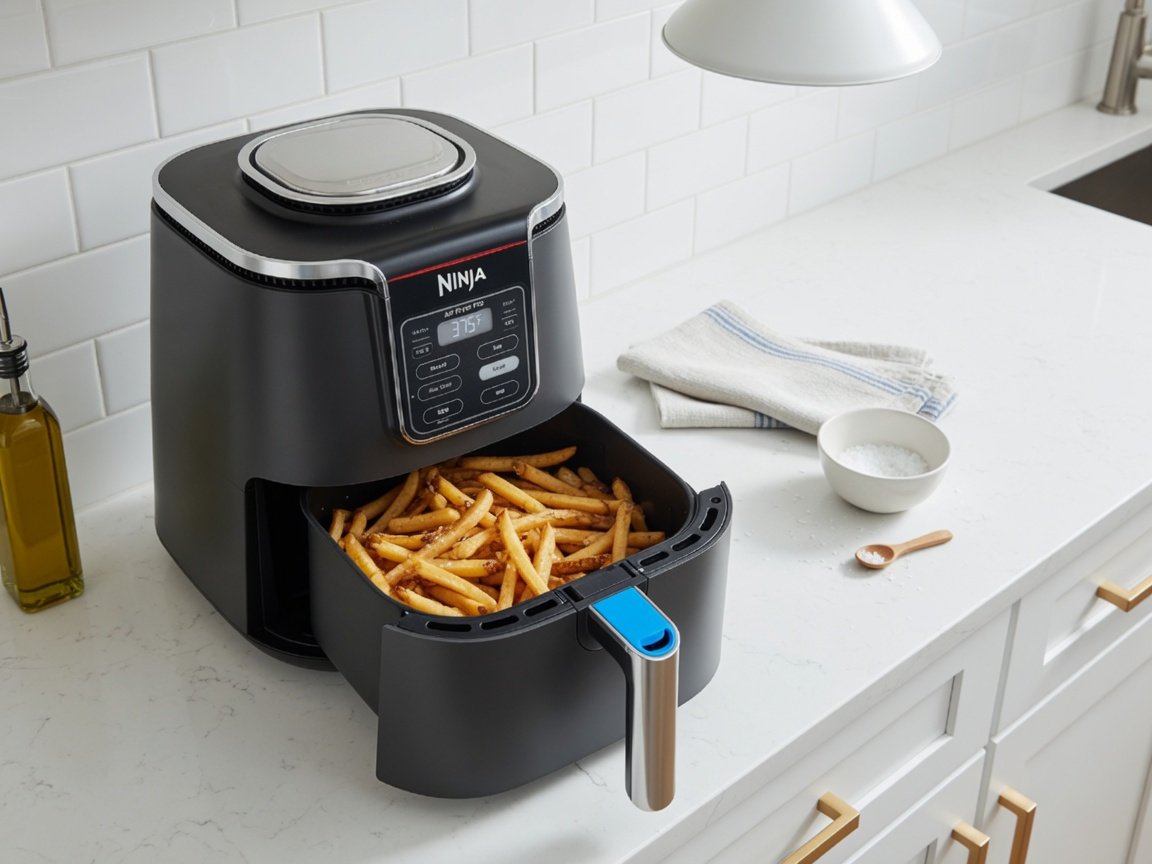 Ninja Air Fryer Pro 5-quart on a modern kitchen counter, basket open showing crispy golden fries, bright clean white
