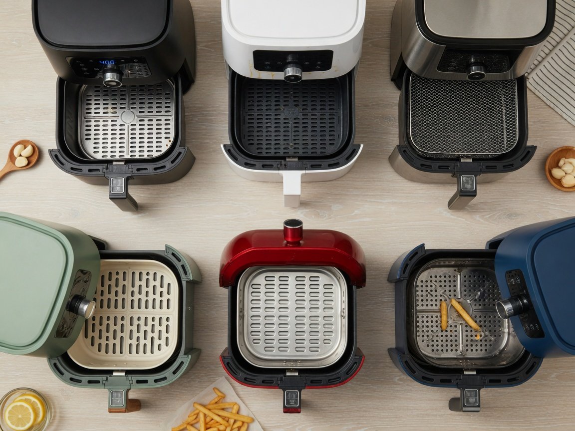 Overhead flat-lay of six air fryers arranged on a light wood kitchen surface, each basket material visible, bright