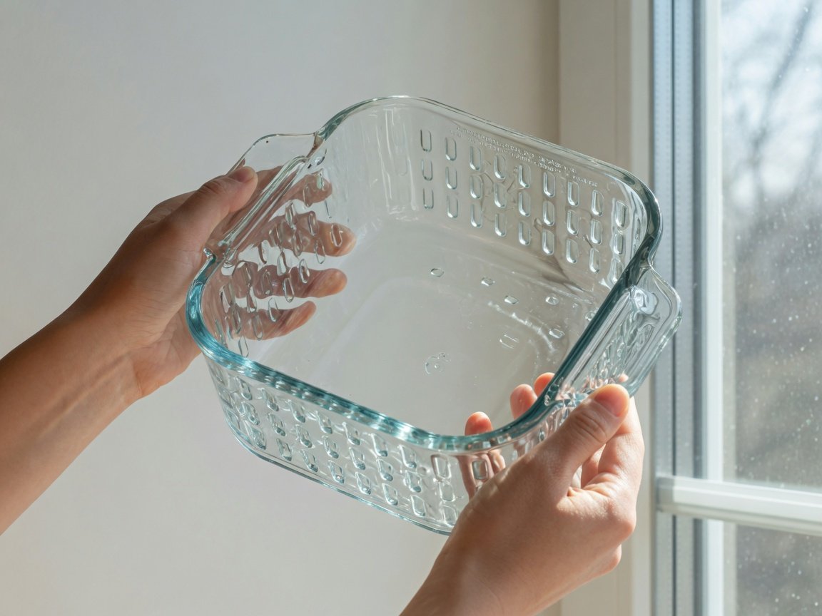 Hands holding a clear glass air fryer basket up to window light to show its transparency and inert material, clean