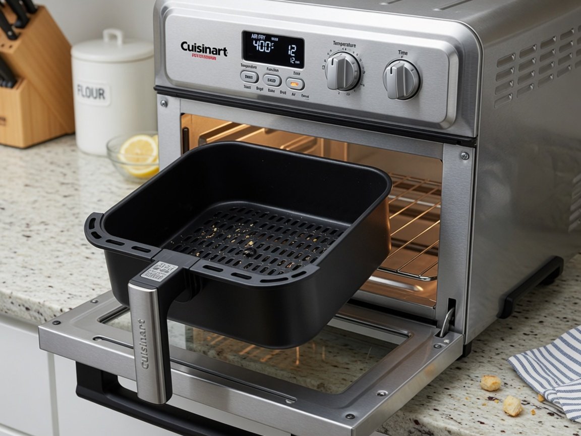 Cuisinart TOA-65 toaster oven air fryer sitting on a kitchen counter with the nonstick replacement basket pulled