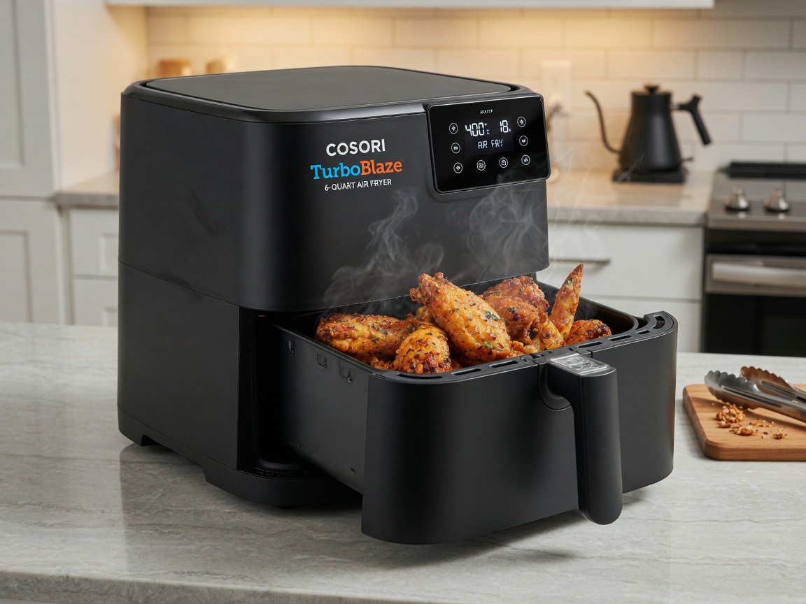 Cosori TurboBlaze 6-quart air fryer in matte black on a modern kitchen countertop, golden-brown crispy chicken wings