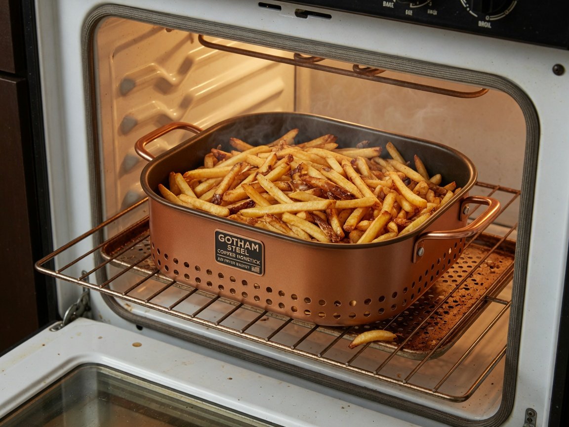 Gotham Steel copper-finish large nonstick air fryer oven basket on a rack inside a conventional oven, filled with